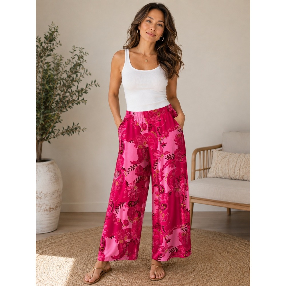 JM Collection Statement Pants Pink Floral Paisley Wide Leg Retro Boho Summer PL